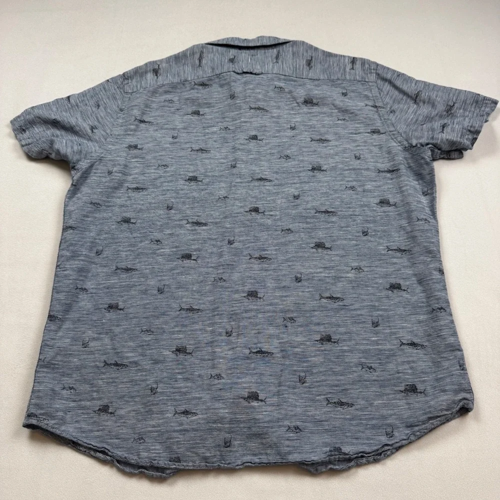 Banana Republic Mens XL Slim Fit Linen Cotton Shark Sailfish Print Shirt Blue